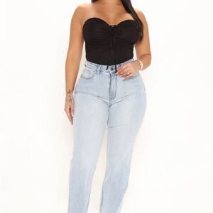New Friend Side Slit Straight Leg Jeans - Light Blue